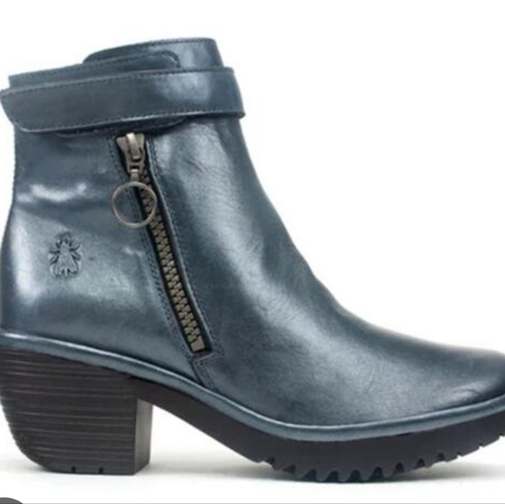 Fly London Metallic Blue Heeled Boots